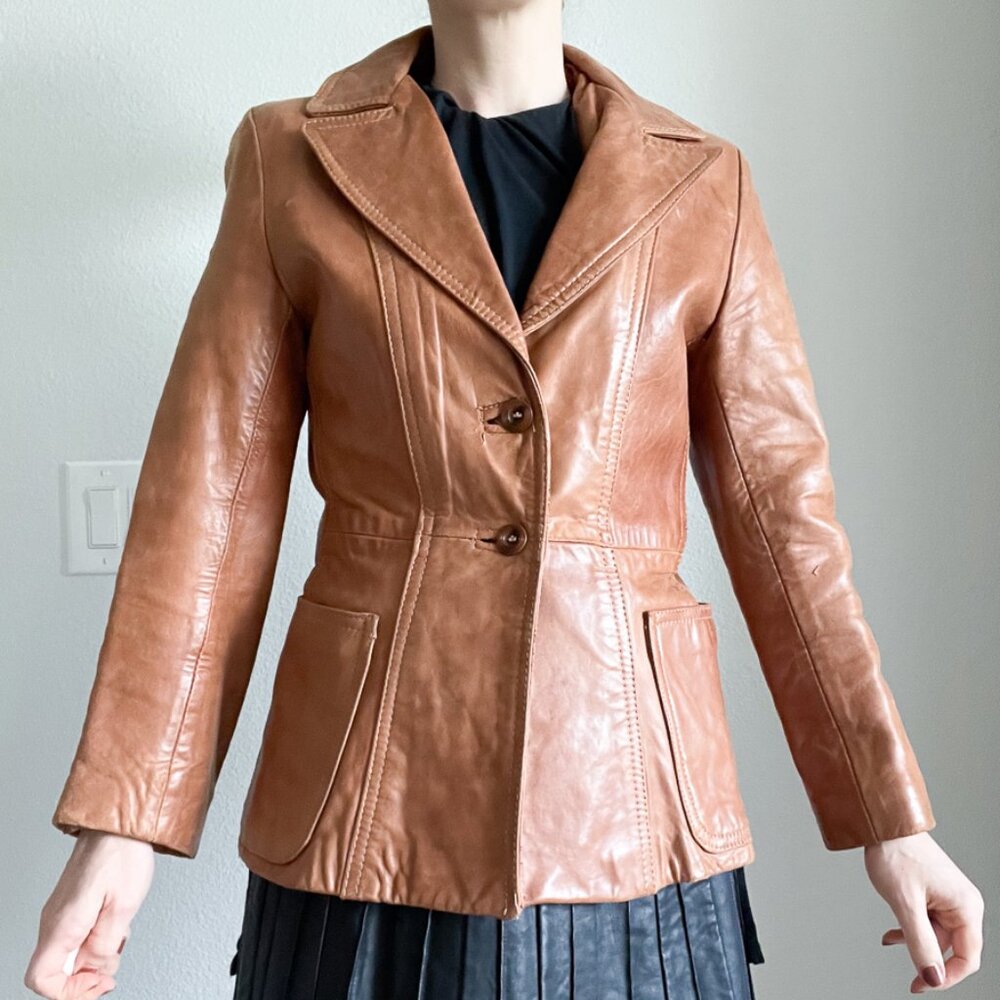 Vintage 70s Tan Leather Blazer Jacket | Derby Casuals | Genuine Leather Mod Boho